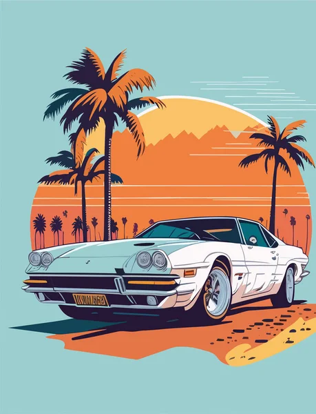 Графический Дизайн Плоский Дизайн Одного Ретро Спортивного Автомобиля Miami Улицы — стоковый вектор