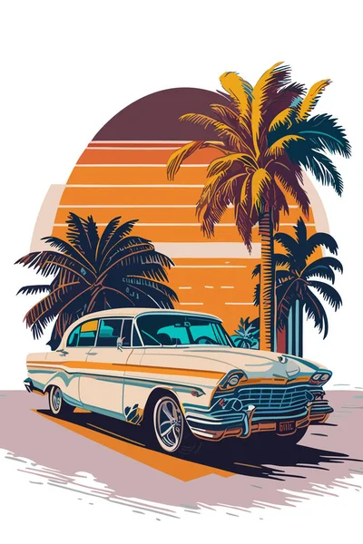 Графический Дизайн Плоский Дизайн Одного Ретро Спортивного Автомобиля Майами Улица — стоковый вектор