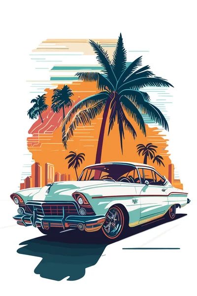 Miami Caddesindeki Renkli Bir Spor Arabanın Grafiksel Tasarımı — Stok Vektör