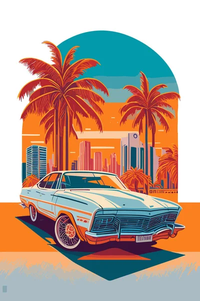 一辆复古跑车迈阿密大街五颜六色 — 图库矢量图片