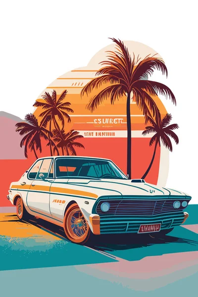 Ένα Ρετρό Σπορ Αυτοκίνητο Miami Δρόμο Χρωματιστές Αποχρώσεις — Διανυσματικό Αρχείο