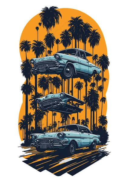 Ένα Ρετρό Σπορ Αυτοκίνητο Καλιφόρνια Δρόμο Πολύχρωμο Σκιά — Διανυσματικό Αρχείο