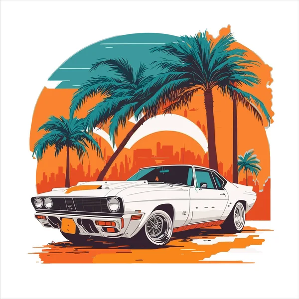 Ένα Ρετρό Σπορ Αυτοκίνητο Miami Δρόμο Πολύχρωμη Σκιά — Διανυσματικό Αρχείο