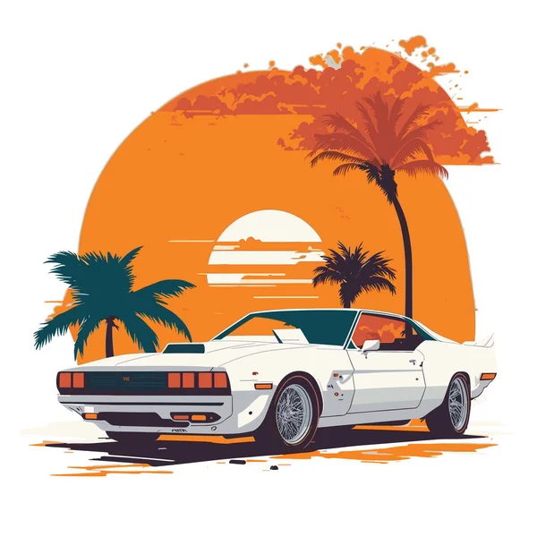 Jeden Retro Sport Samochód Miami Ulicy Kolorowy Odcień — Wektor stockowy