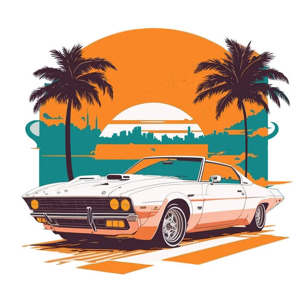 Retro Esporte Carro Miami Rua Colorido Sombra — Vetor de Stock