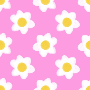 Pembe arka planda sarı merkezli kusursuz beyaz papatya deseni. Papatyalar dokulu, fırça darbeleriyle çiziliyor, desen yumuşak ve tuhaf bir his veriyor..