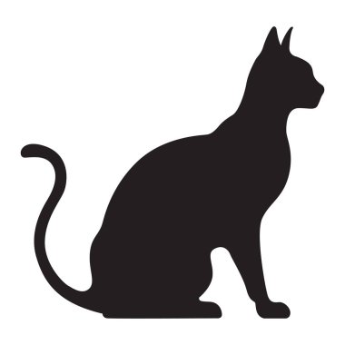 Bu basit bir kedi siluetinin siyah-beyaz çizimi. Kedi kuyruğunu kıvırmış oturuyor..