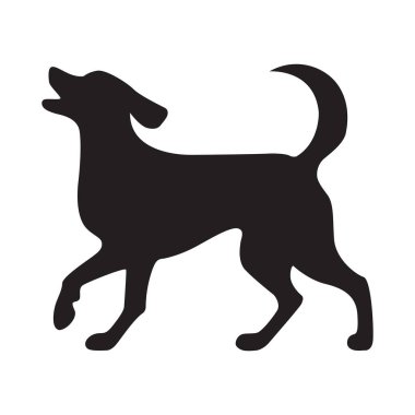 Bu basit bir köpek siluetinin siyah-beyaz çizimi. Köpek kuyruğunu kıvırmış oturuyor..