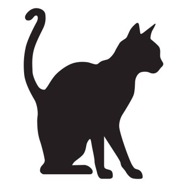 Bu basit bir kedi siluetinin siyah-beyaz çizimi. Kedi kuyruğunu kıvırmış oturuyor..