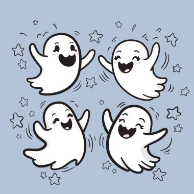 Bu büyük bir gülümsemesi ve büyük gözleri olan bir hayaletin şirin bir çizgi film çizimi. Hayalet kollarını sallıyor ve yıldızlarla çevrili..