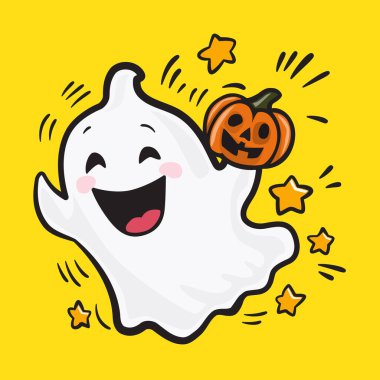 Bu büyük bir gülümsemesi ve büyük gözleri olan bir hayaletin şirin bir çizgi film çizimi. Hayalet kollarını sallıyor ve yıldızlarla çevrili..