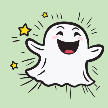 Bu büyük bir gülümsemesi ve büyük gözleri olan bir hayaletin şirin bir çizgi film çizimi. Hayalet kollarını sallıyor ve yıldızlarla çevrili..