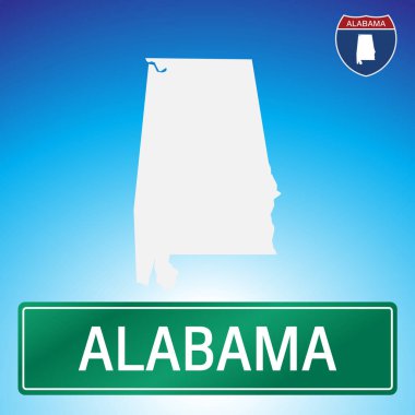Arkasında devletin haritası olan Alabama için basit bir yol tabelası. İşaret beyaz harflerle yeşil, ve harita beyaz ve mavi eğimli..