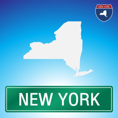 Arka planda eyalet haritası olan basit bir New York tabelası. İşaret beyaz harflerle yeşil, ve harita beyaz ve mavi eğimli..