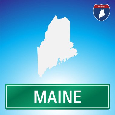 Arka planda eyalet haritası olan Maine için basit bir yol işareti. İşaret beyaz harflerle yeşil, ve harita beyaz ve mavi eğimli..