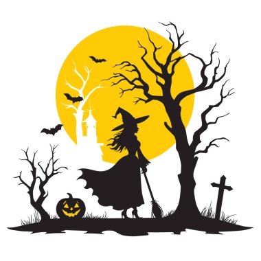 Süpürge sopası tutan bir cadının silueti, çimlerin üzerinde duruyor, yarasalar arkasından dolunay gecesi uçuyor..