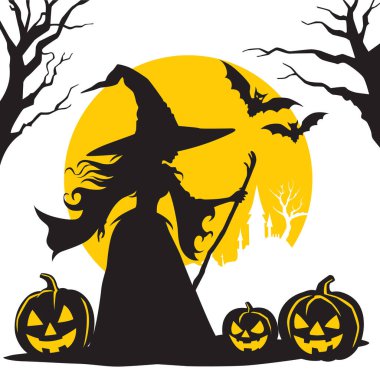 Süpürge sopası tutan bir cadının silueti, çimlerin üzerinde duruyor, yarasalar arkasından dolunay gecesi uçuyor..