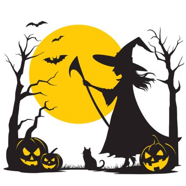 Süpürge sopası tutan bir cadının silueti, çimlerin üzerinde duruyor, yarasalar arkasından dolunay gecesi uçuyor..