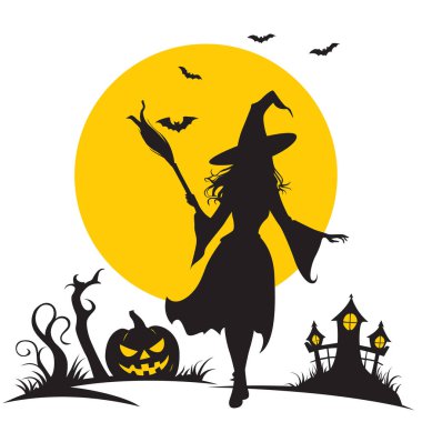 Süpürge sopası tutan bir cadının silueti, çimlerin üzerinde duruyor, yarasalar arkasından dolunay gecesi uçuyor..