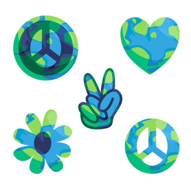Barış sever çevresel dünya barış günü Dünya 'nın sembolü mavi el işareti çizgi filmi