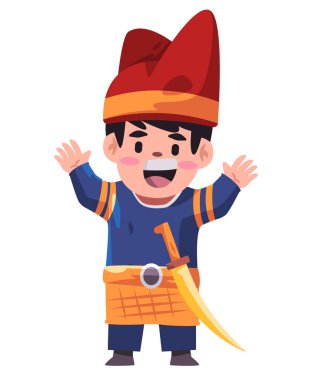 Malezya Sultanı İslam Asyalı kral kostümlü çocuklar ayakta gülümseme vektörü pozu veriyorlar