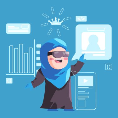 VR sanal gerçeklik camındaki kız veri istatistikleri grafiğini veri vektörü ile etkileşim halinde analiz ediyor