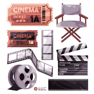 Yönetmen koltuğundaki film şeridi soyma ve çevirme bilet vektöründen sinema nesneleri