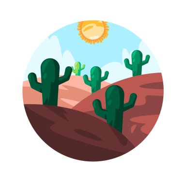 Meksika arazisi çöl kumu ve vahşi kaktüs sulu çizim ikonu çember grafik vektörü