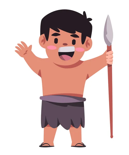 Personaje Prehistórico Sosteniendo Ilustración Lanza Niño Feliz Usando Cazador Tribu — Vector de stock