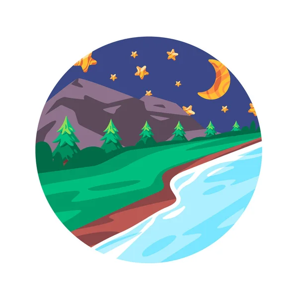 Rives Rivière Dans Forêt Montagne Avec Ciel Nuit Pleine Étoiles — Image vectorielle