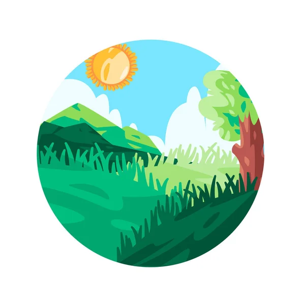 Paisaje Ilustración Montaña Hierba Verde Del Bosque Con Sol Brillante — Vector de stock