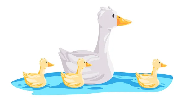 Goose Mor Simma Med Barn Barn Vatten Vektor Teckning Illustration — Stock vektor