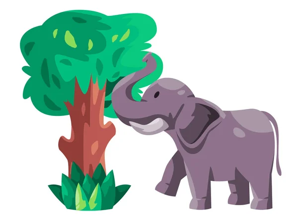 大象吃树上的叶子 卡通画有象牙和树干载体的动物 — 图库矢量图片