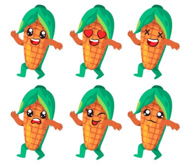 Mısır yiyeceği tapılası komik avatar tarımsal maskot koleksiyonu yüz ifadesi vektörü