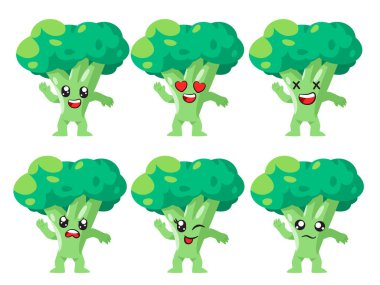 Yeşil brokoli sebze çizgi film karakteri. Sevimli yüz ifadesi. Üzgün üzgün dans etmeyi severdi.