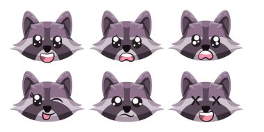 Rakun yüz ifadesi, gözler ve ağız koleksiyonu vektör çizgi filminden beyaz, izole illüstrasyon.