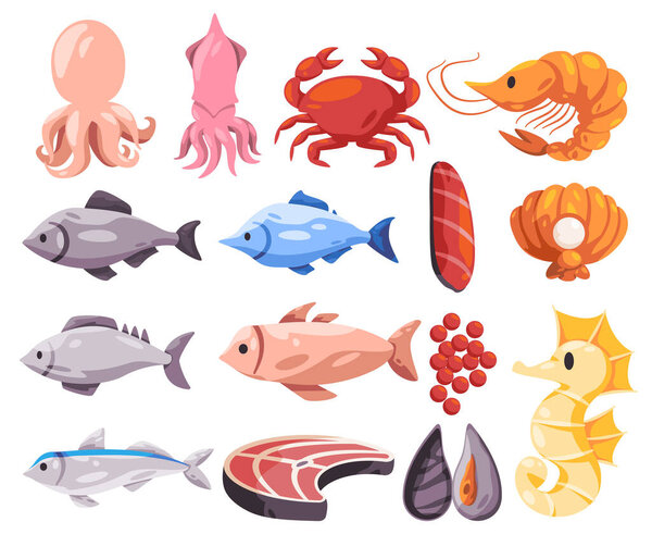 Fish restaurant cute sea animal cartoon of octopus tuna prawn crab and other seafood vector