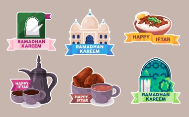 Komik renkli set vektöründe Ramadhan kareem iftar simgesi koleksiyonunun etiket seti