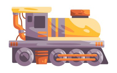 Buhar treni kömür enerjili mekanik makineler boru retro fantezi teknolojisi vektörü ile detaylandırıldı