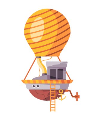 Uçan balon gemisi buharlı punk mekanik makineleri kullanıyor. Boru eski fantezi teknolojisi vektörüyle detaylandırılmış.