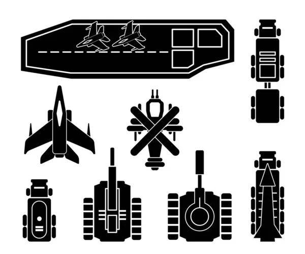 Kriegsmaschine Fahrzeug Vektor Set Sammlung Schwarze Farbe Von Flugzeug Hubschrauber — Stockvektor