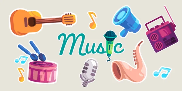 Musikinstrument Objekt Von Gitarre Schlagzeug Saxophon Mikrofon Singen Cartoon Set — Stockvektor