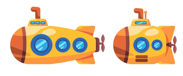 水下玩具下的黄色潜水艇与潜望镜对象集集合集合绘图图解贴纸涂鸦卡通风格矢量 — 图库矢量图片