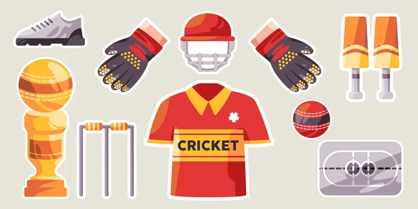 Cricket Esporte Torneio Campeonato Objeto Ícone Coleção Conjunto Ilustração Adesivo — Vetor de Stock