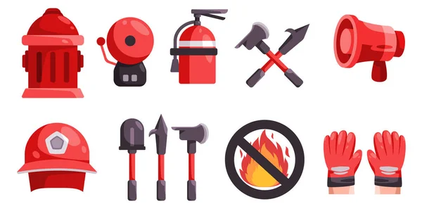 Инструменты Пожарного Инвентаря Набор Иконок Объектов Мегафон Знак Пожарной Лопаты — стоковый вектор