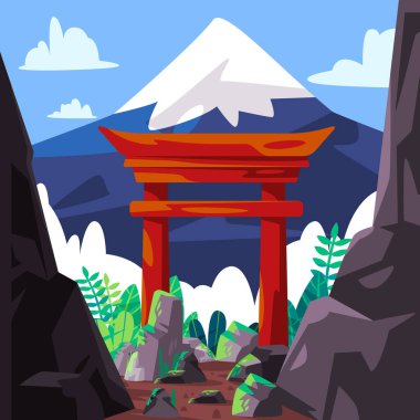 Japon Torii kırmızı kapısı ve Fuji Dağı güzel manzaralı tatil beldesi Japon vektör kültürü
