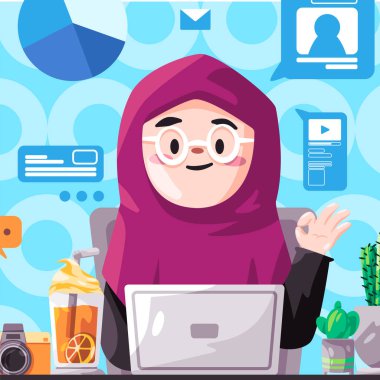 Dizüstü bilgisayarın önünde çalışan kadın tesettür İslam grafik ve veri medyası profesyonel ofis vektörü ile çoklu görev analizi yapıyor