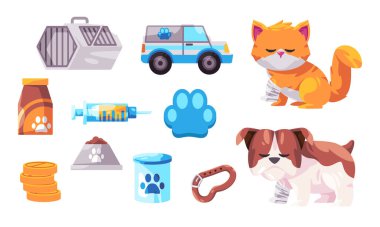 Veterinerlik hayvan dükkanı kedi köpek nesnesi. Kolye, ilaç şişesi, enjeksiyon, araba kafesi, sağlık hizmeti...