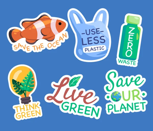 Sticker Set Graphic Collection Ocean Use Less Plastic Zero Waste — Stock Vector