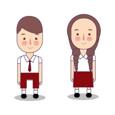 Oğlan ve kız sevimli karakter ilkokulu kırmızı beyaz Endonezyalı üniformalı eğitim öğrencisi öğrenim vektörü